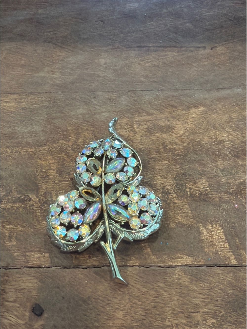 Vintage Gold Tone Leaf Brooch with Iridescent Rhinestones
